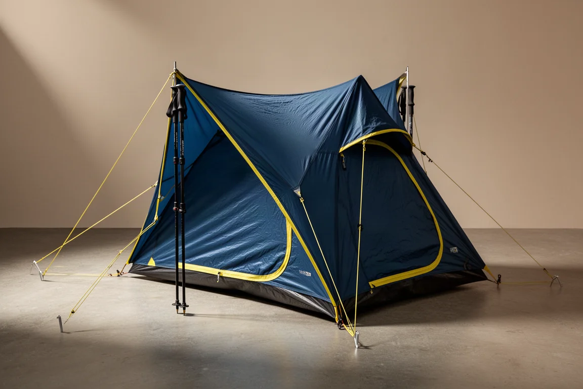 Blue ultralight trekking pole tent pitched taut on a matte concrete surface