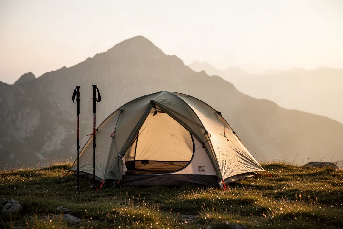 Ultralight tent pitched on a grassy alpine ledge at golden hour with trekking poles nearby
