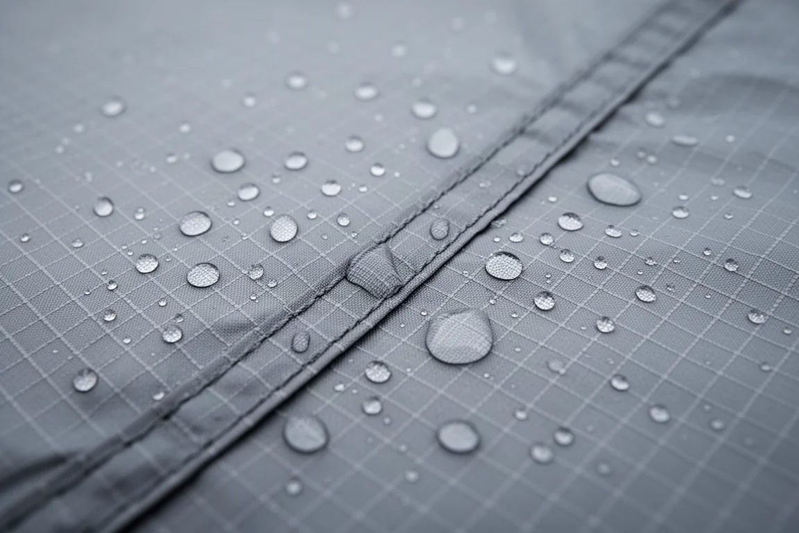 Close-up of water beading on coated ripstop nylon tent fabric