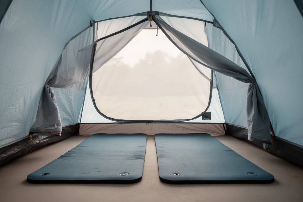 Interior of a compact two-person tent with two sleeping pads side by side