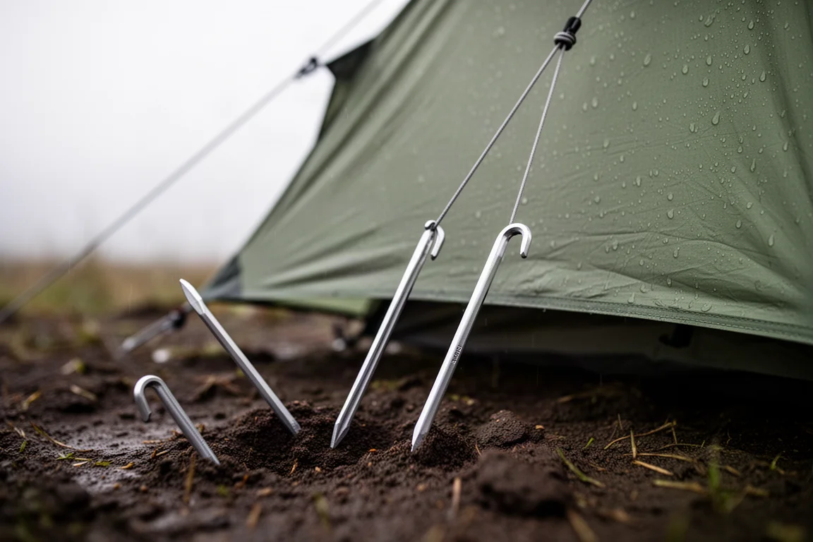 Tent stakes and taut guy lines angled into damp ground beside an ultralight tent