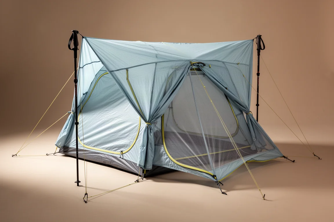 Pale blue two-person trekking-pole backpacking tent pitched against a neutral backdrop