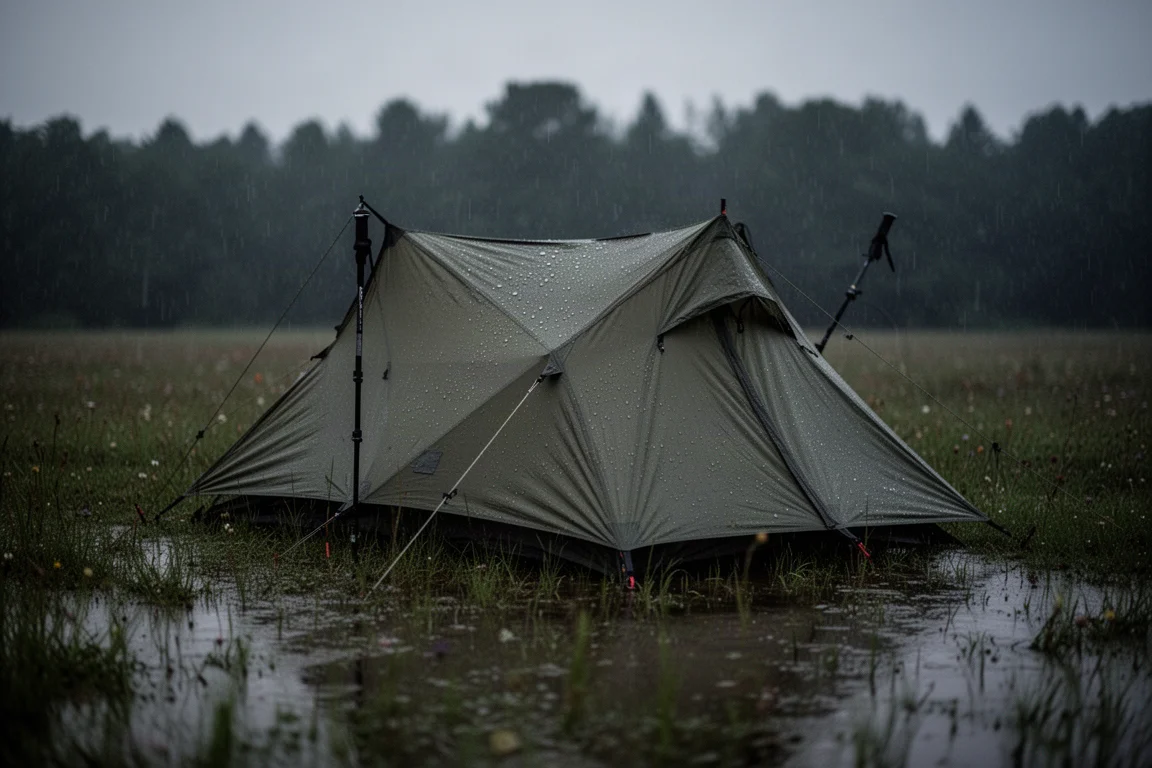 Tenda da due posti con bastoncini da trekking montata sull'erba bagnata durante un rovescio al crepuscolo