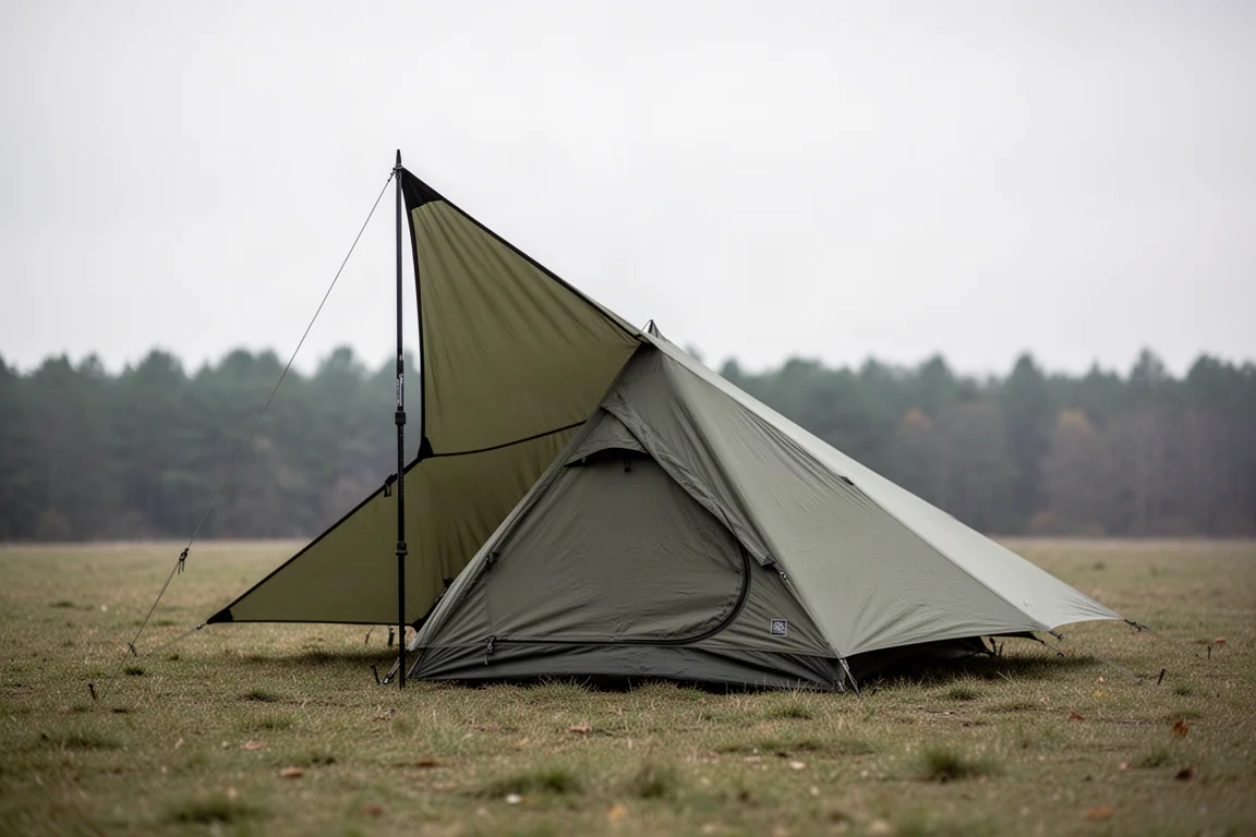 Olive green two-person trekking pole tent pitched in a grassy clearing under overcast sky