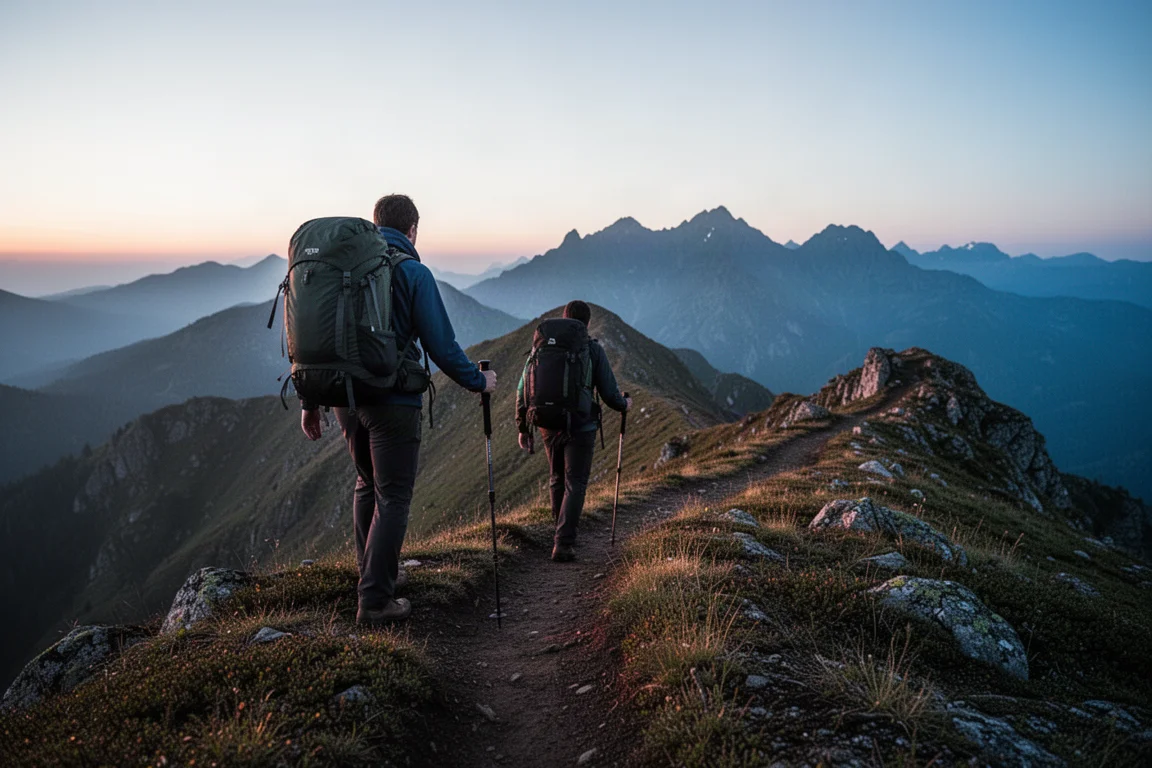 Senderista recorriendo un sendero de alta cresta con bastones de trekking al atardecer