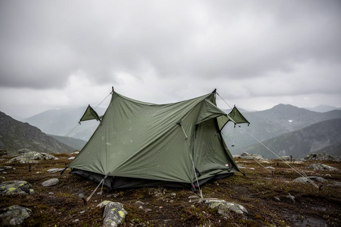 Tienda baja de una sola pared resistiendo firme al viento en una ladera alpina expuesta