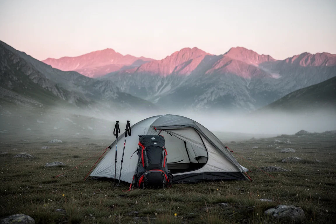 Pequeña tienda de mochilero montada en una cuenca alta al amanecer con niebla
