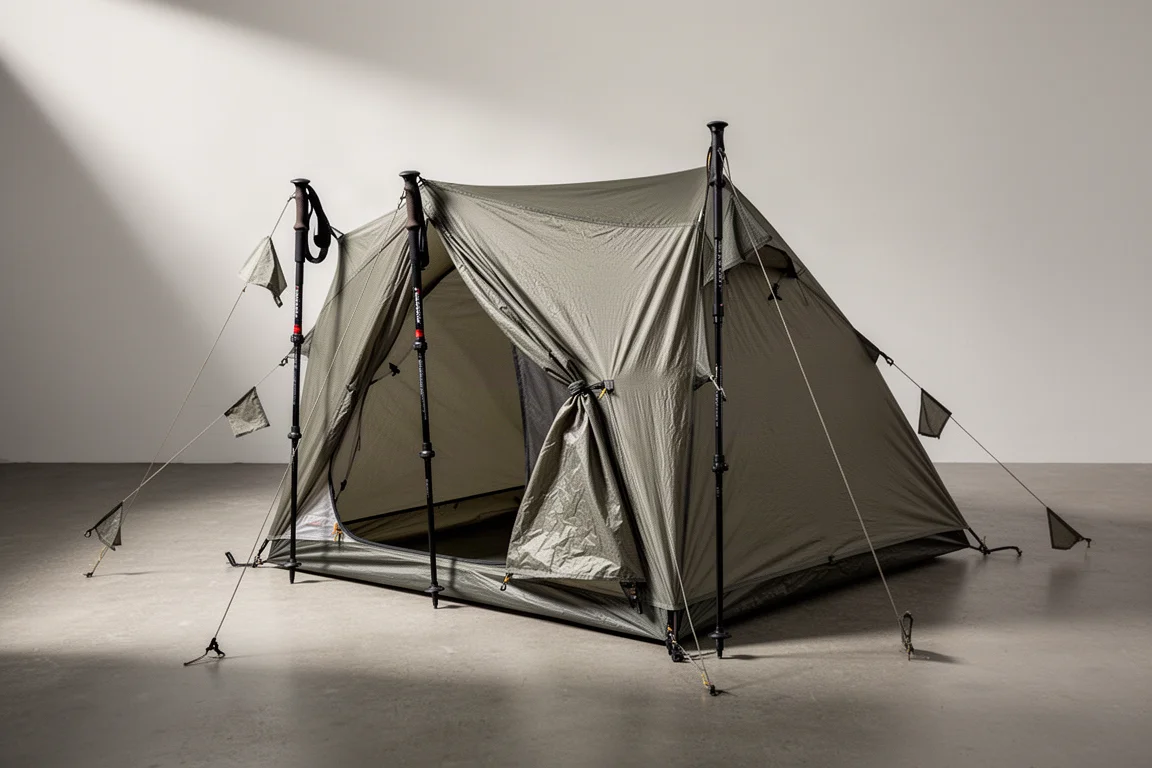 Ultralight single-wall trekking pole tent pitched on a neutral studio surface