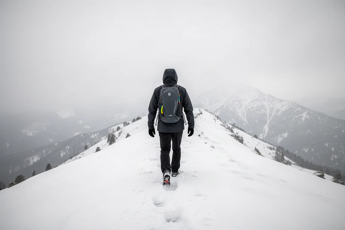 Attrezzatura ultralight da backpacking disposta dall'alto su una superficie in cemento