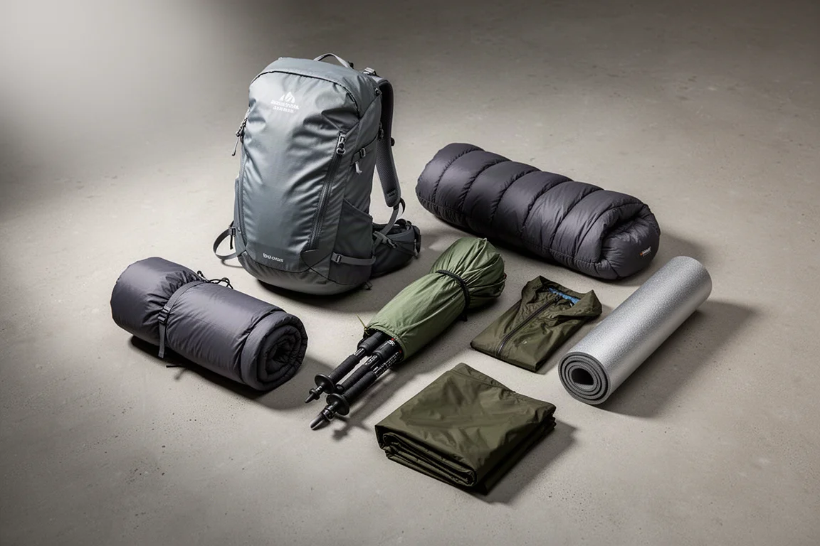 Four pieces of ultralight backpacking gear arranged on a neutral concrete surface