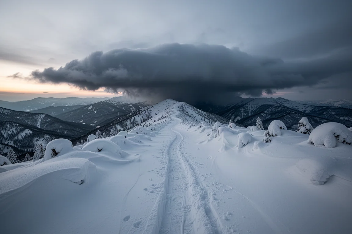 Schneebedeckter Bergkamm-Wanderweg in der Dämmerung mit fernem Sturm über den Gipfeln