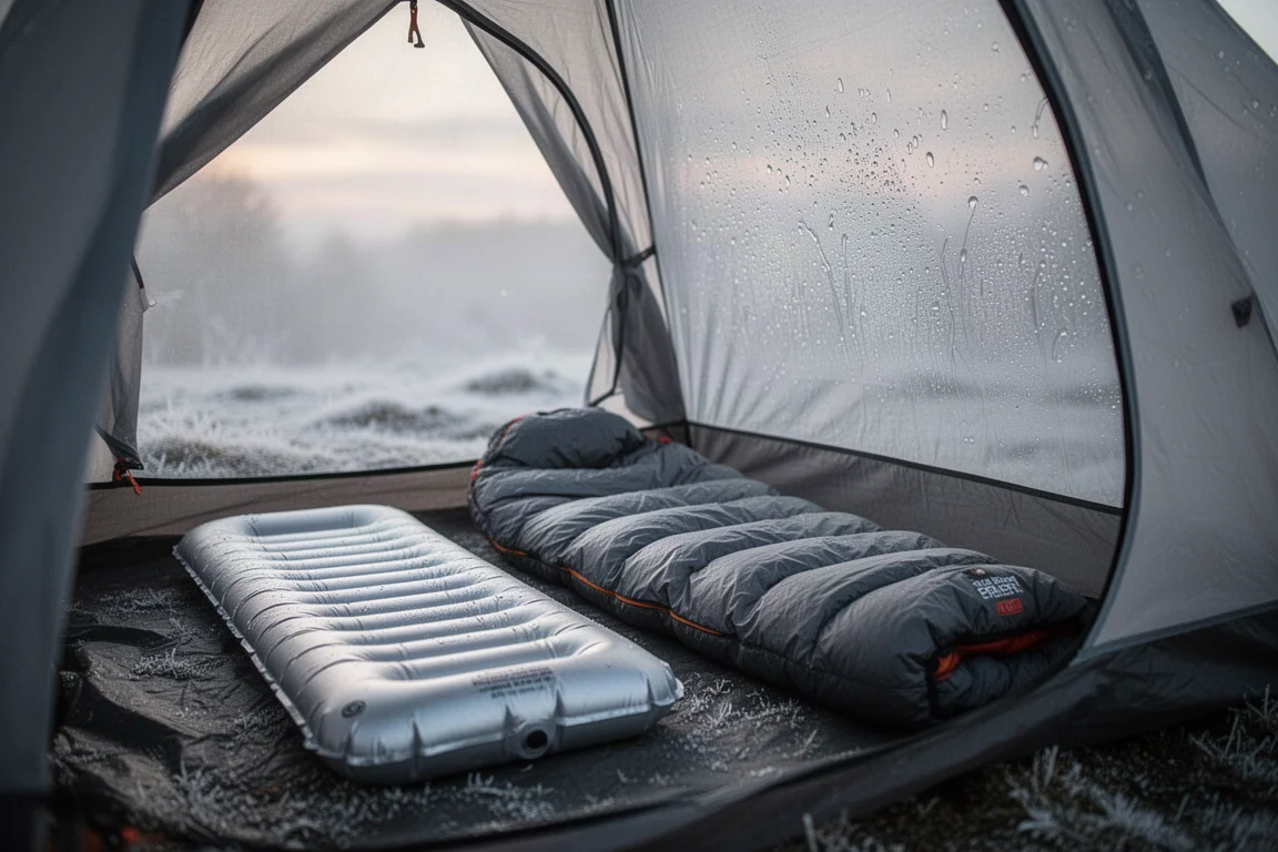 Zeltinneres im Morgengrauen mit reflektierender Isomatte, Quilt und Frost an den Wänden