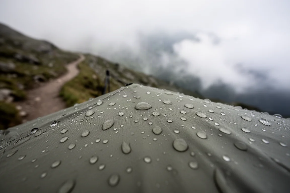 Regen perlt auf einem dünnen matten Außengewebe mit verschwommenem Alpenweg im Hintergrund