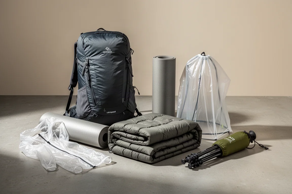Five ultralight backpacking items arranged on a matte concrete surface