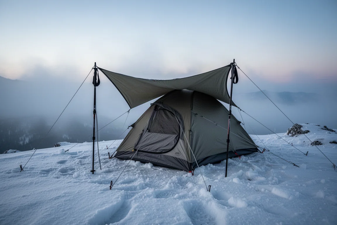 Lekki namiot na kije trekkingowe rozbity na ośnieżonym grzbiecie o zmierzchu, odciągi napięte