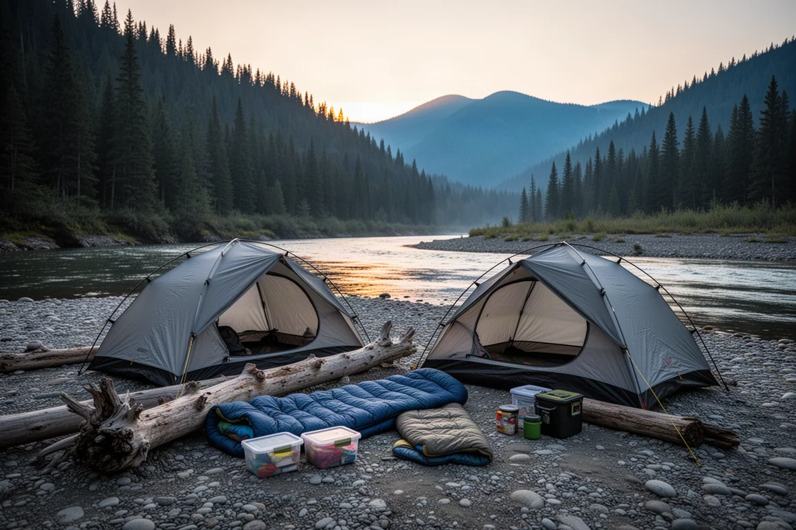 Backcountry-Campingplatz in der Dämmerung am Fluss mit Zelten und ausgelegter Ausrüstung