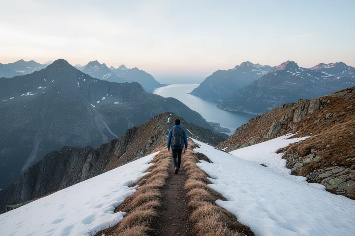 Wanderer auf einem hochalpinen Gratweg mit Schneefeldern und fernen Gipfeln