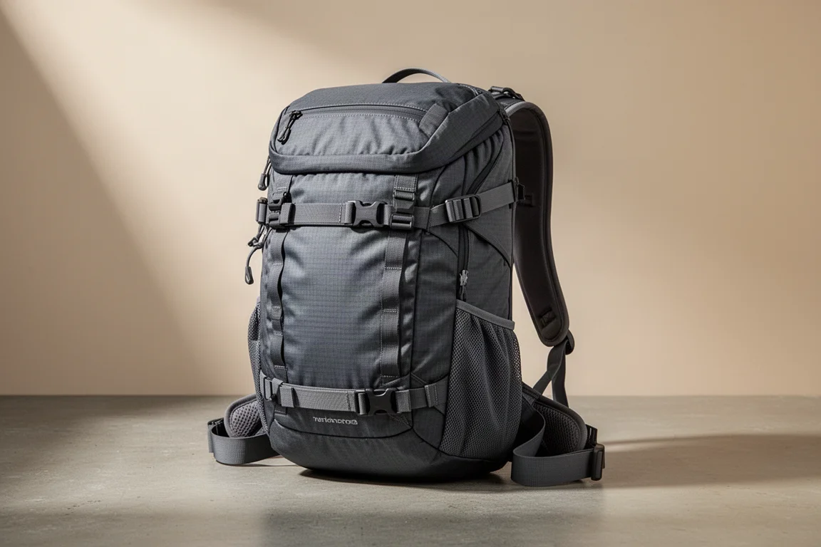 Lightweight dark grey travel backpack standing upright on a matte concrete surface