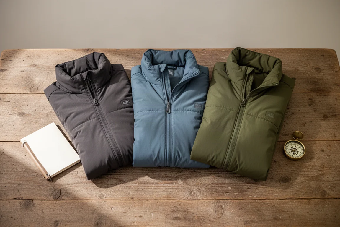 Vue à plat de trois vestes isolées pliées en gris anthracite, bleu ardoise et vert olive sur du bois