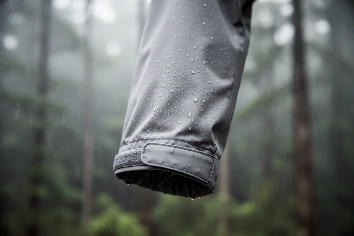 Gros plan sur des gouttes de pluie perlant sur la manche en nylon mat d'une veste isolée