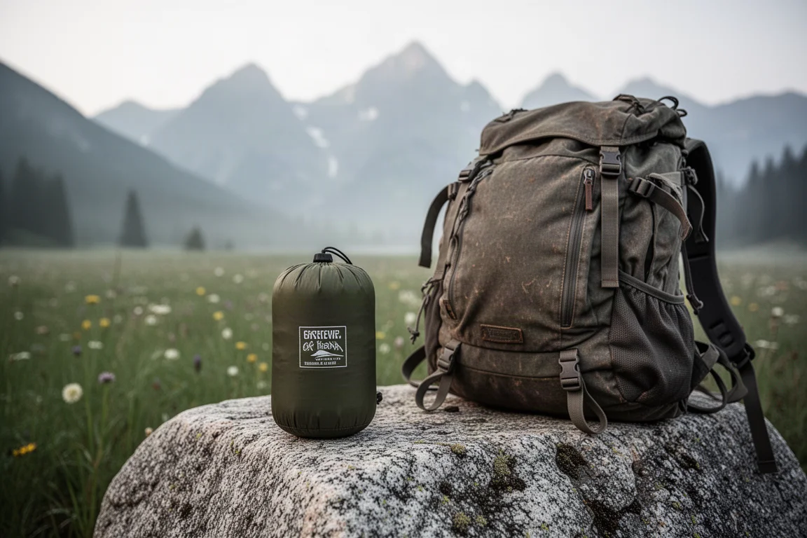 Veste isolée compacte rangée dans un petit sac de compression à côté d'un sac à dos de randonnée sur du granit
