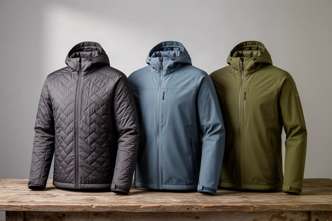 Tre giacche outdoor imbottite in antracite, blu ardesia e verde oliva su una superficie in legno