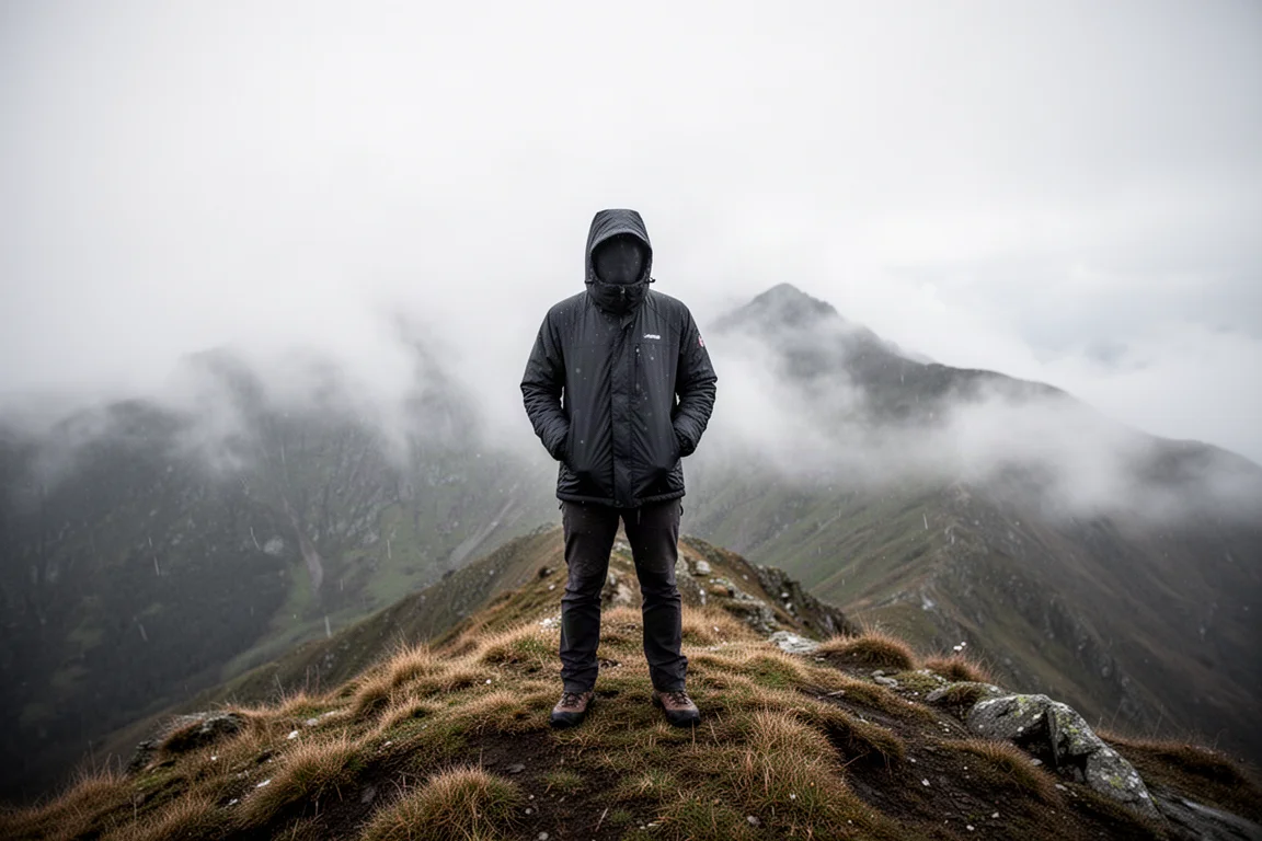 Hiker in a dark insulated jacket standing on an exposed windy ridge with low clouds