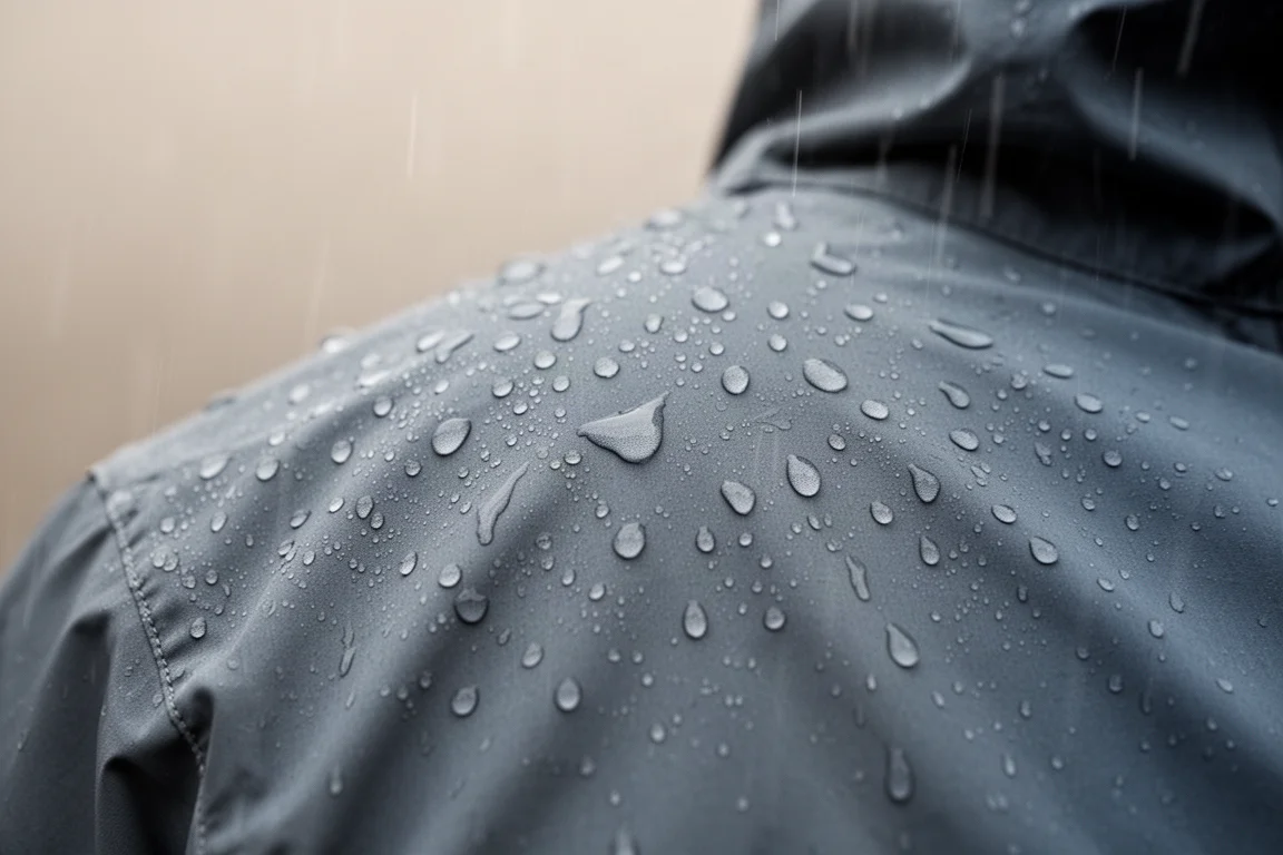 Water beading on the smooth face fabric of an insulated jacket in light rain