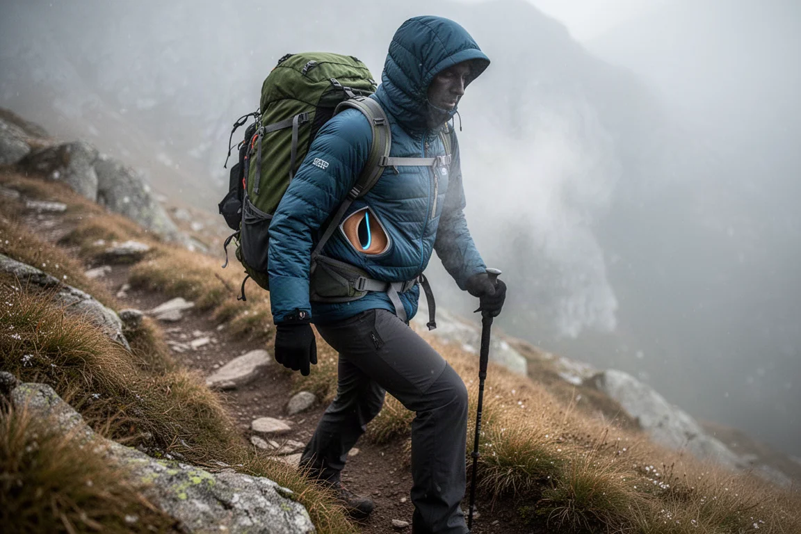 Hiker climbing a steep alpine trail in cold weather wearing a technical insulated jacket