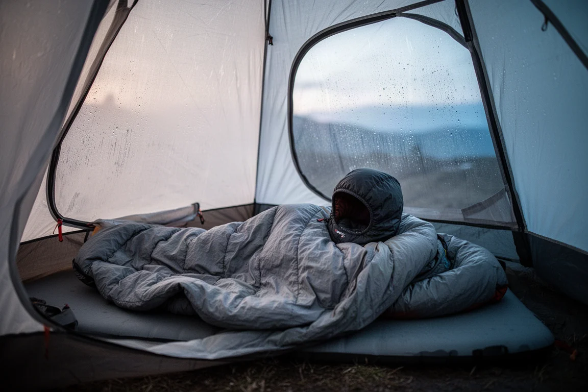 Top quilt y capucha aislante dentro de una tienda de acampada al amanecer