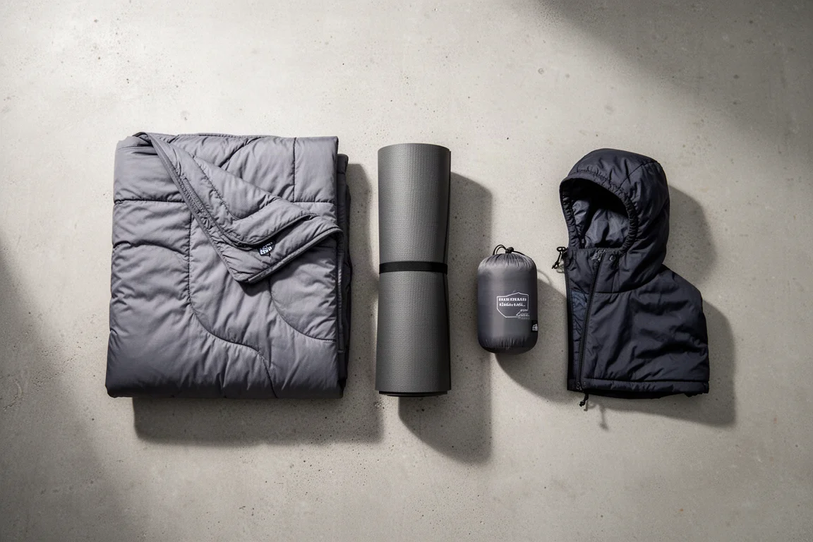 Vista superior de un equipo de dormir para clima frío sobre hormigón