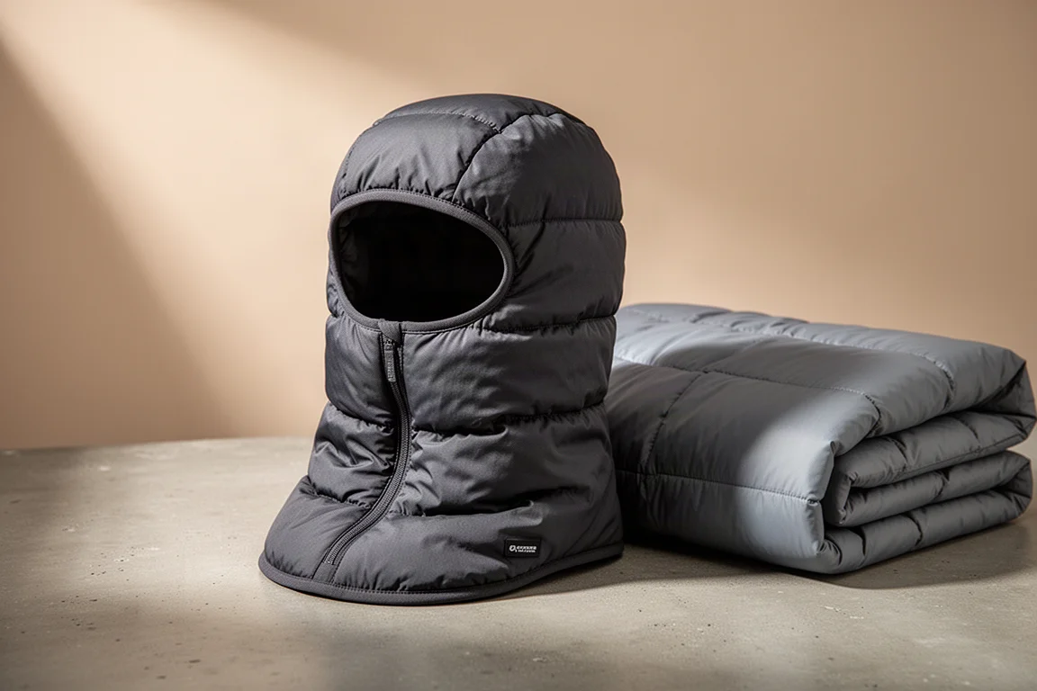 Dark insulated balaclava hood beside a folded grey top quilt on concrete