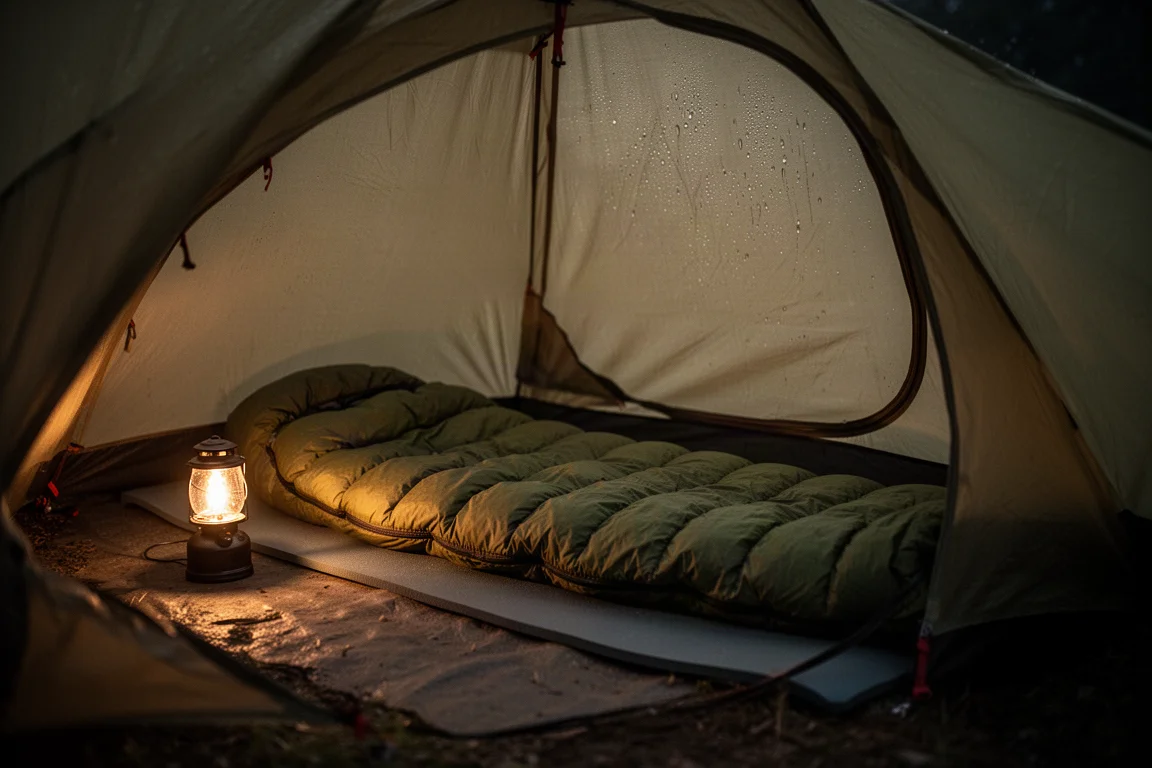 夜間小型帳篷內部,鋪放著 quilt 與睡墊