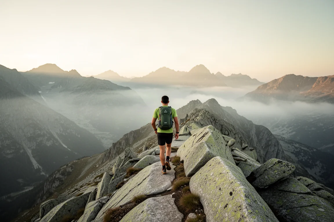 Fastpacker walking a high alpine ridge at first light with a small pack
