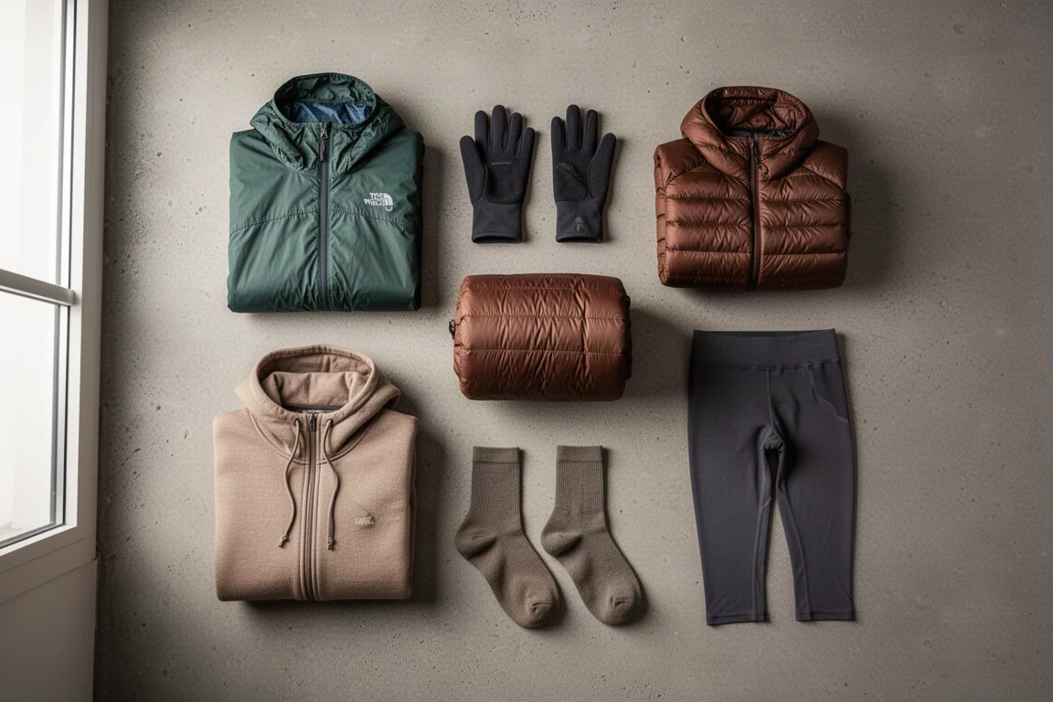 Flat lay of fastpacking clothing arranged on a concrete surface