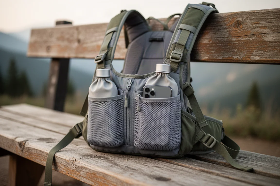 Backpack harness with soft flasks and a phone resting on a wooden bench