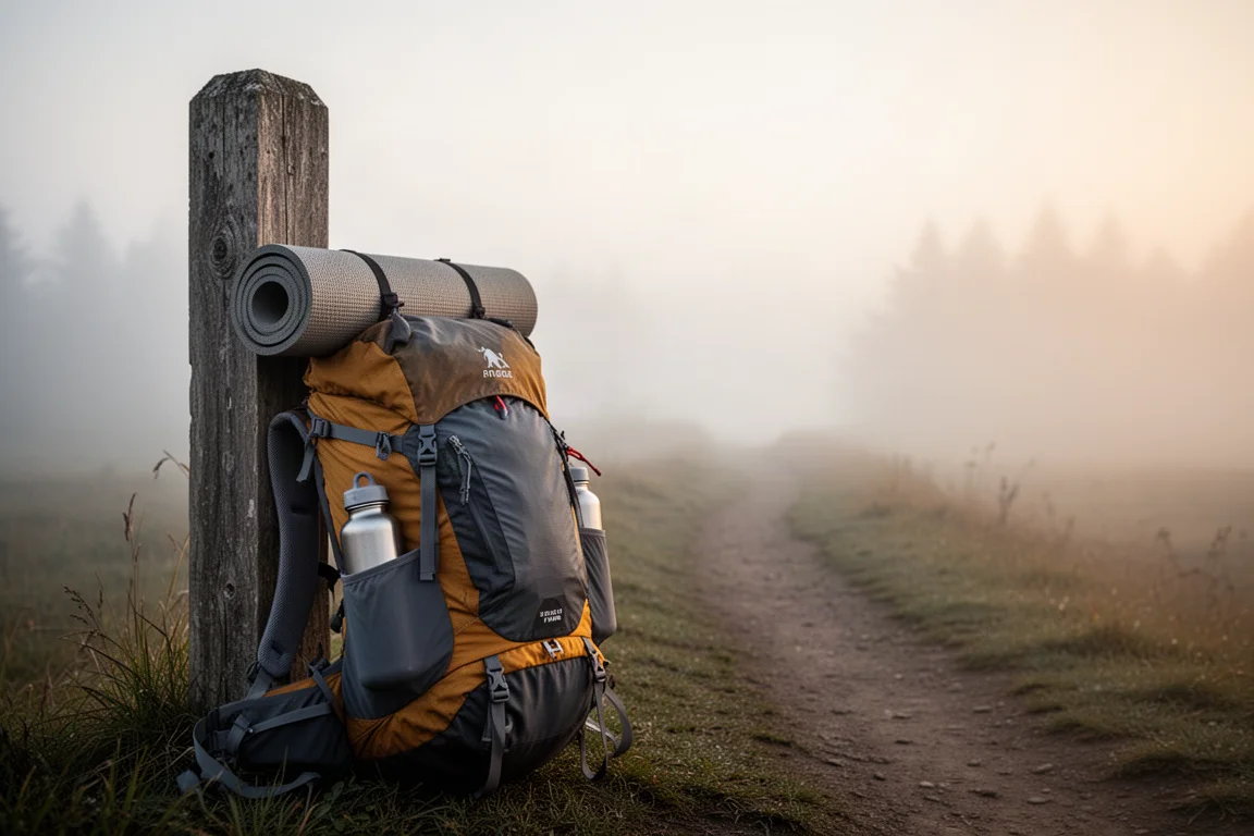 Loaded fastpack leaning against a trailhead post at sunrise