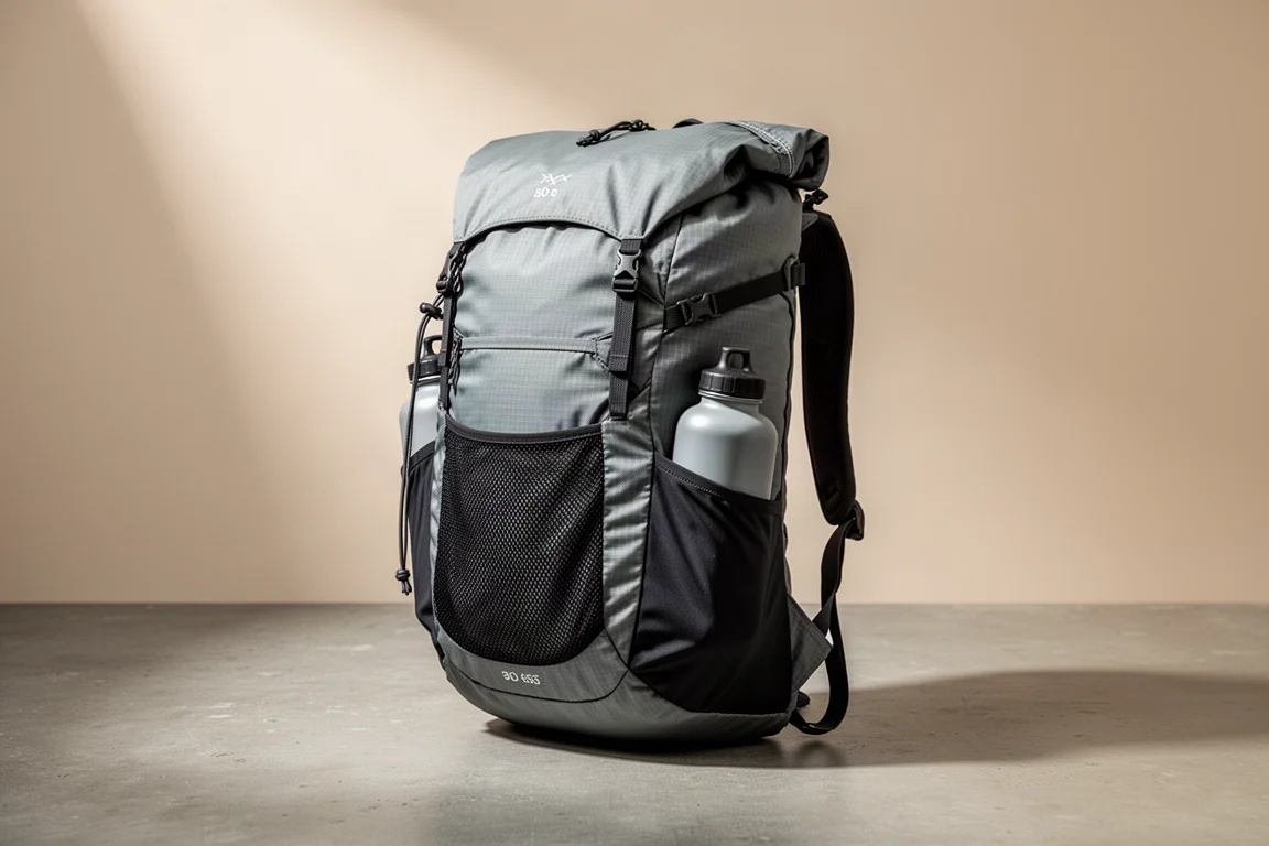 Zaino da fastpacking leggero da 30 litri in piedi su una superficie in cemento