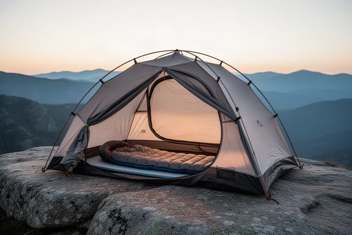 Bivouac en pleine nature à l'heure bleue avec un quilt en duvet posé sur un matelas de sol
