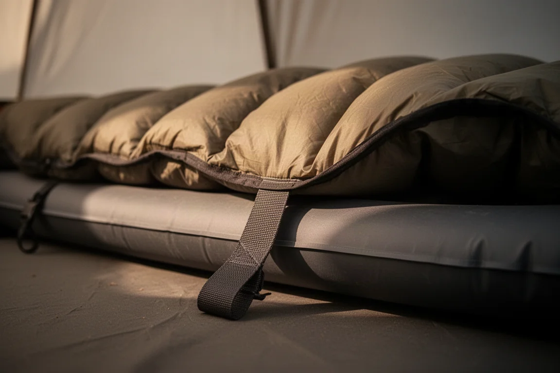 Gros plan sur le bord latéral d'un quilt qui s'écarte vers l'extérieur avec une boucle de sangle de matelas