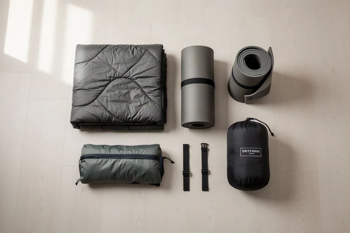 Matériel de bivouac disposé à plat avec un quilt dans un sac de compression sur du béton