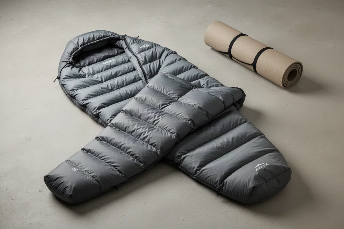 Gray down backpacking quilt with pad strap on a matte concrete surface