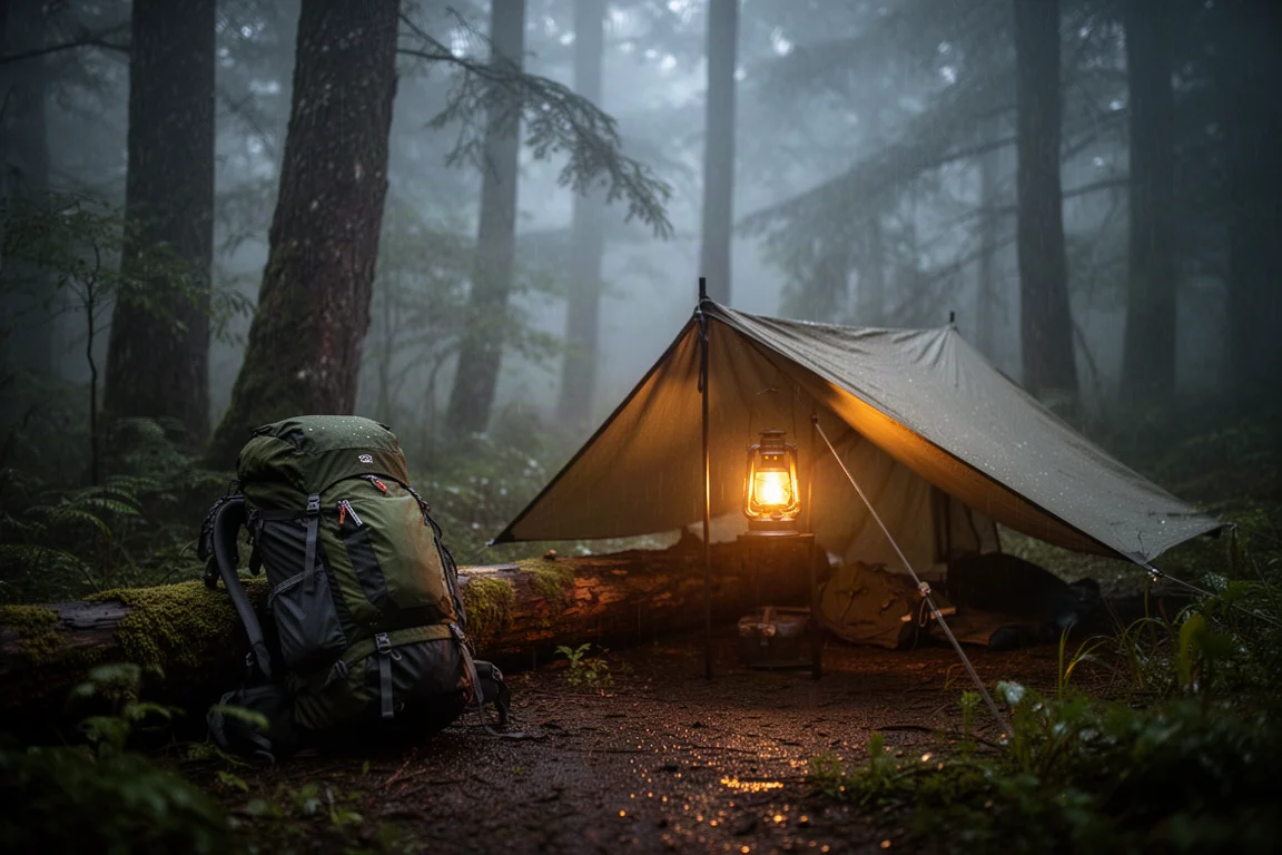 黃昏時的登山營地,睡袋被毯攤放在帳篷旁