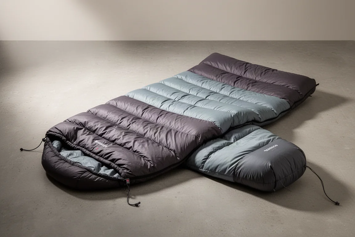 Top quilt da backpacking in grigio antracite e ardesia steso su una superficie in cemento opaco