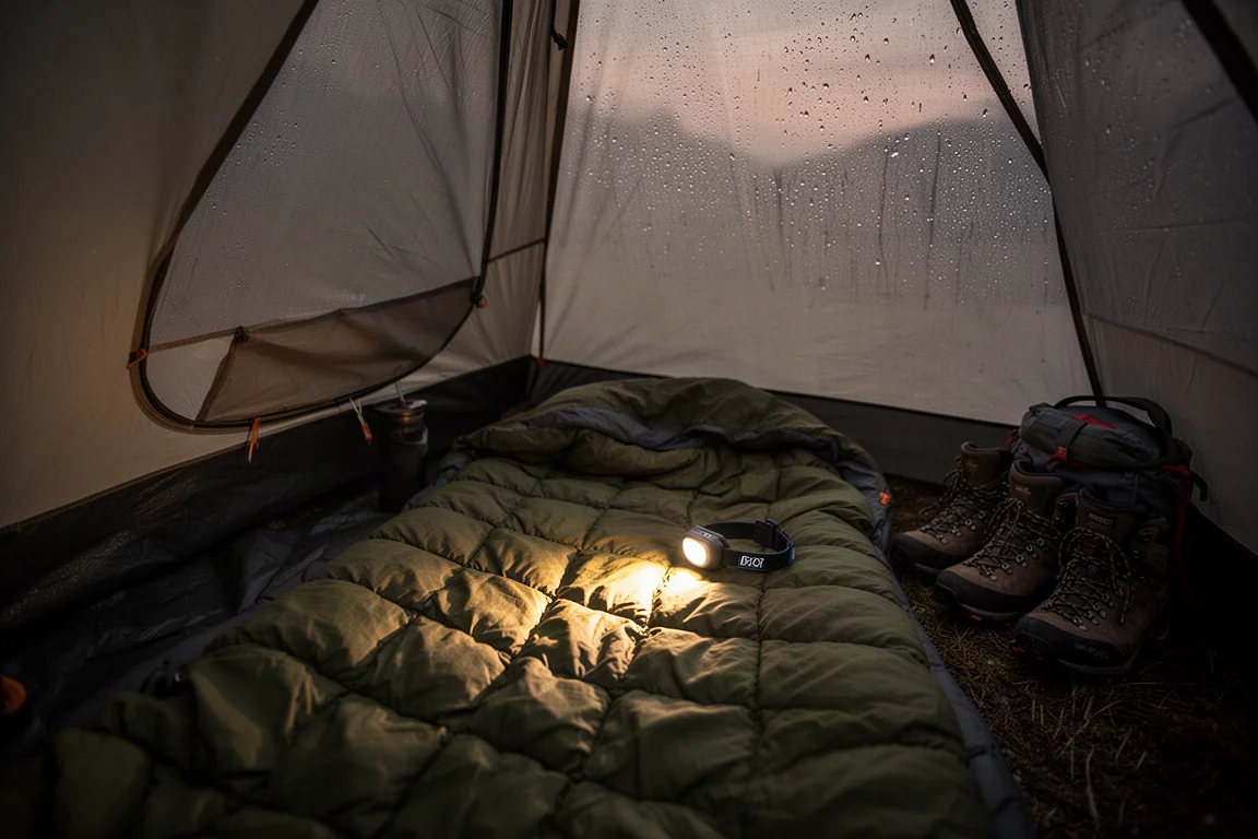 Ovanifrån platt layout av quilt, liggunderlag, stuff sack och en enda pad-rem på betong