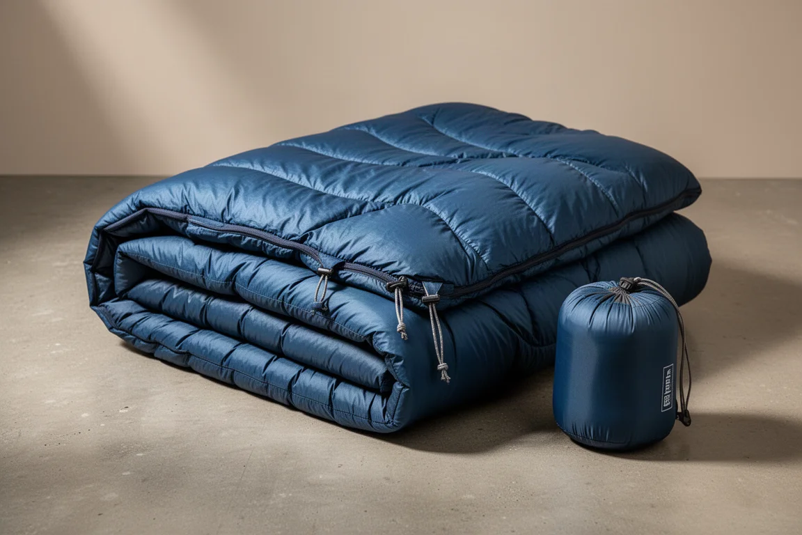 Top quilt leggero da backpacking piegato con cuciture trapuntate su superficie in cemento