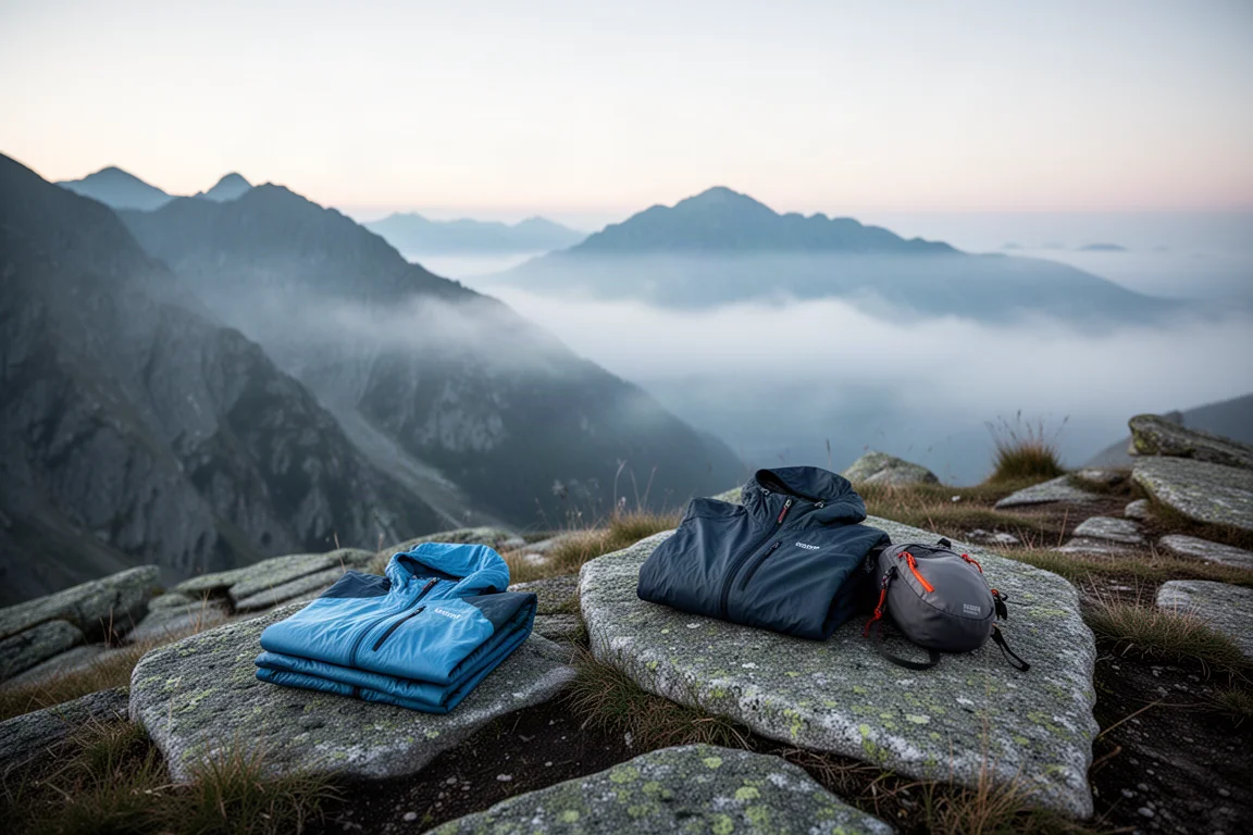Folded synthetic jacket and backpack on a granite rock on an alpine ridge at dawn