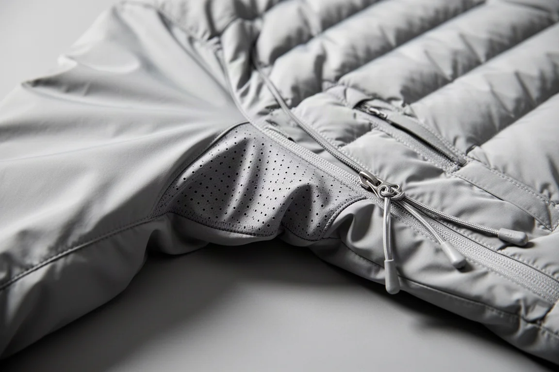 Close-up of perforated underarm panel and quilted insulation on a synthetic jacket