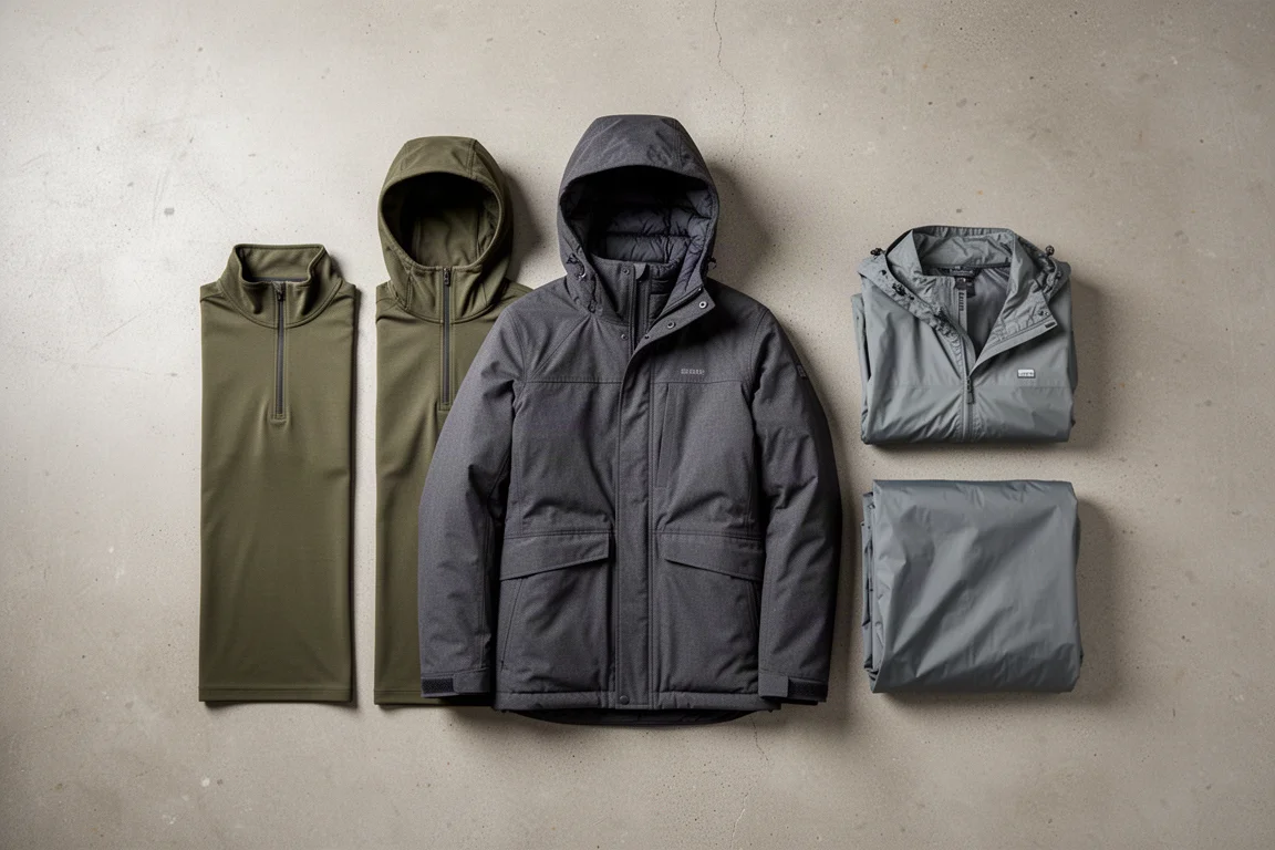 Overhead flat-lay of base layer, mid layer, insulated jacket and rain shell