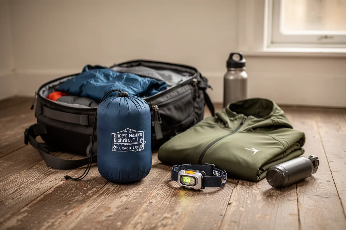 Synthetic jacket packed into a stuff sack beside a backpack on a wooden floor